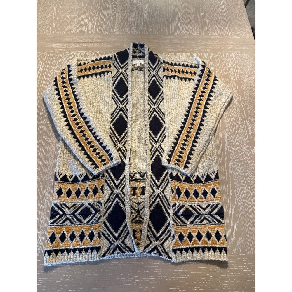 Lucky Brand Women's S Knit Open Front Cardigan Gray Navy Mustard Aztec Geo